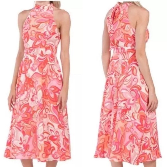 Tahari ASL NWT Halter Tie-Neck Sleeveless Midi Dress Pink & Orange - Picture 16 of 16
